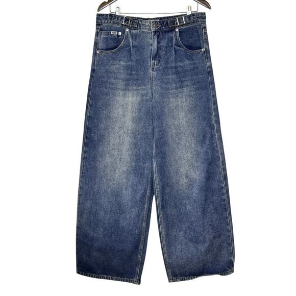 The Ragged Priest Denim - Ragged Priest Wide Leg Saloon Jeans Waist Buckles Knife Pleat Denim Size 29 NWT